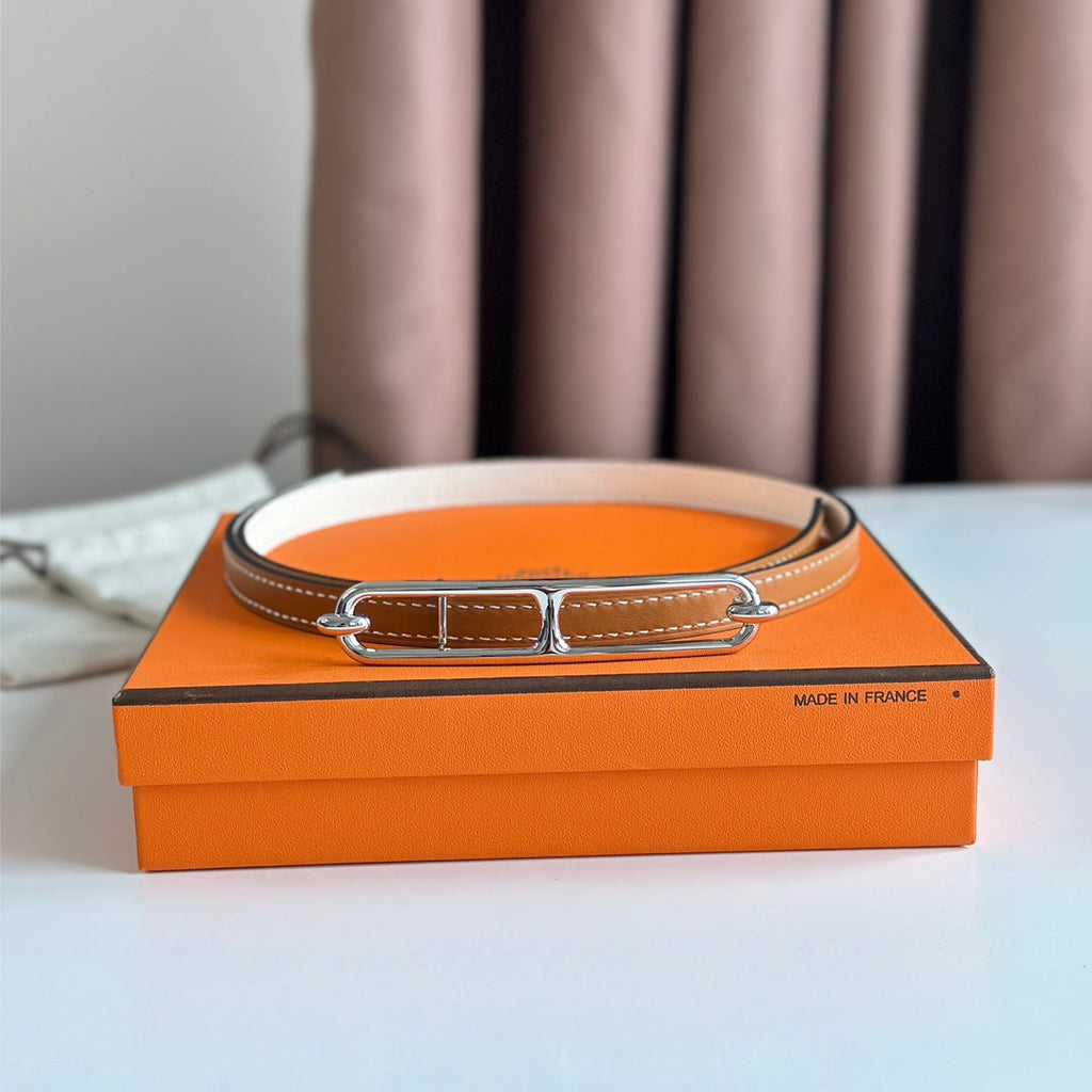 HERMES ROULIS BUCKLE & REVERSIBLE CINNAMON BROWN AND WHITE LEATHER STRAP 13MM SILVER HARDWARE