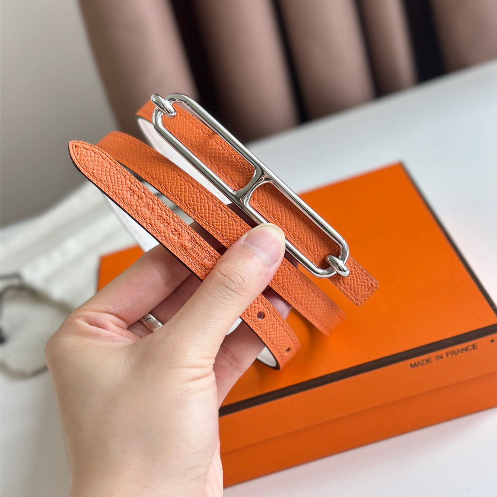 HERMES ROULIS BUCKLE & REVERSIBLE ORANGE AND WHITE LEATHER STRAP 13MM SILVER HARDWARE