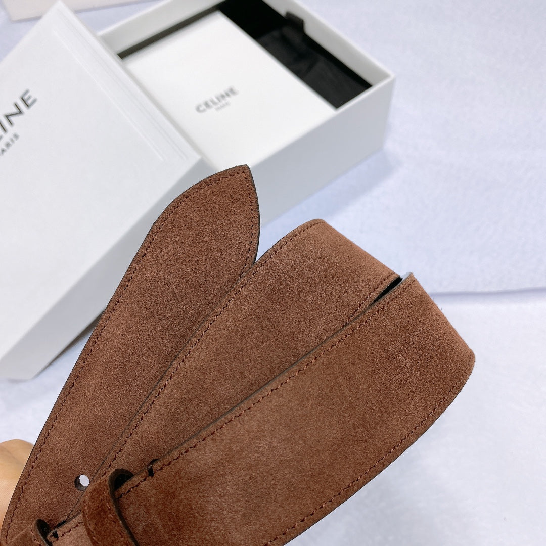 CELINE CL LARGE 35MM TWIN TRIOMPHE BELT IN CHOCOLATE BROWN SUEDE GOLD HARDWARE