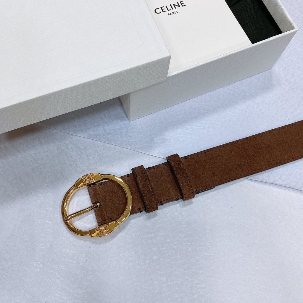 CELINE CL LARGE 35MM TWIN TRIOMPHE BELT IN CHOCOLATE BROWN SUEDE GOLD HARDWARE