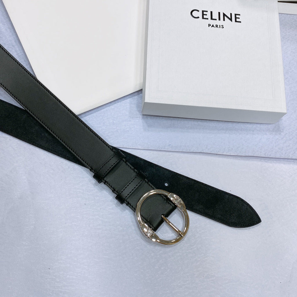 CELINE CL LARGE 35MM TWIN TRIOMPHE BELT IN BLACK CALFSKIN SILVER HARDWARE