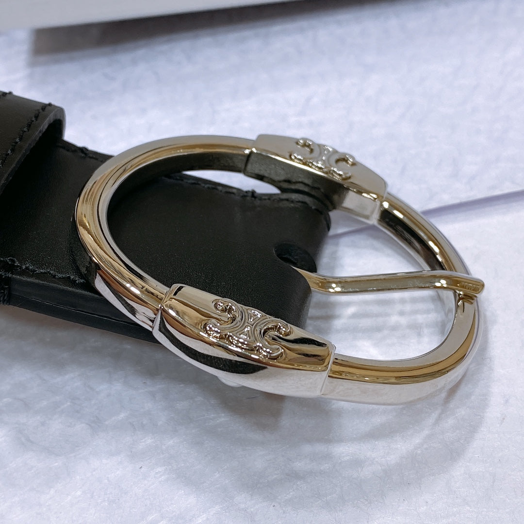 CELINE CL LARGE 35MM TWIN TRIOMPHE BELT IN BLACK CALFSKIN SILVER HARDWARE