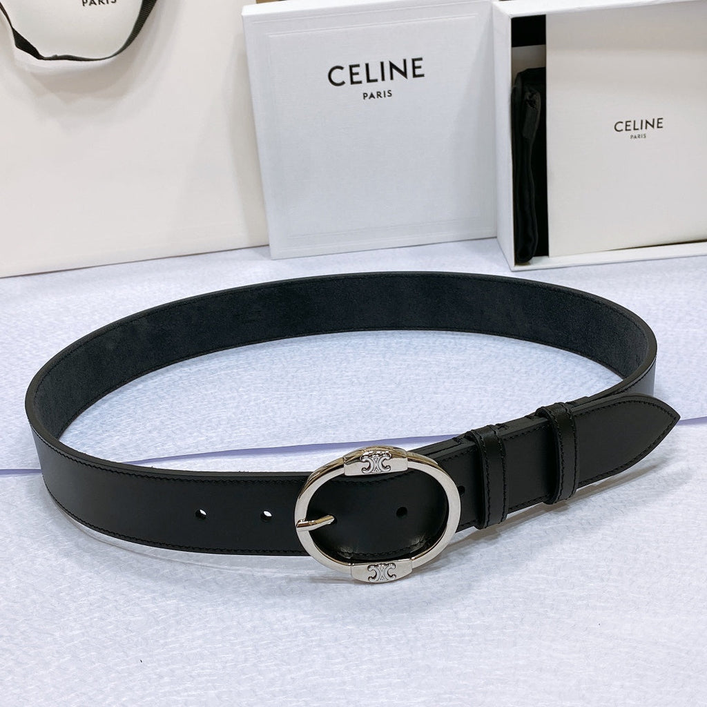CELINE CL LARGE 35MM TWIN TRIOMPHE BELT IN BLACK CALFSKIN SILVER HARDWARE