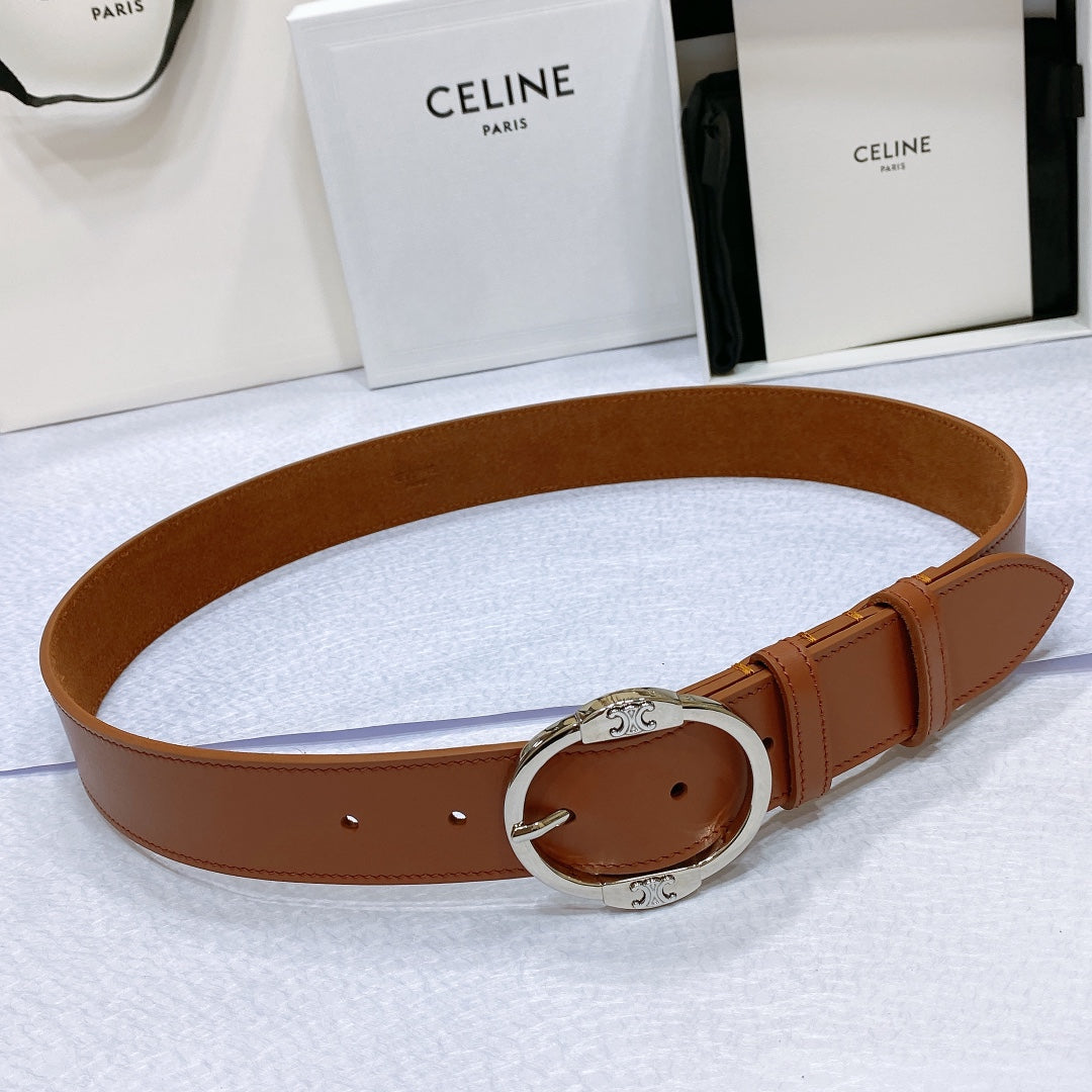 CELINE CL LARGE 35MM TWIN TRIOMPHE BELT IN BRONZE BROWN CALFSKIN SILVER HARDWARE