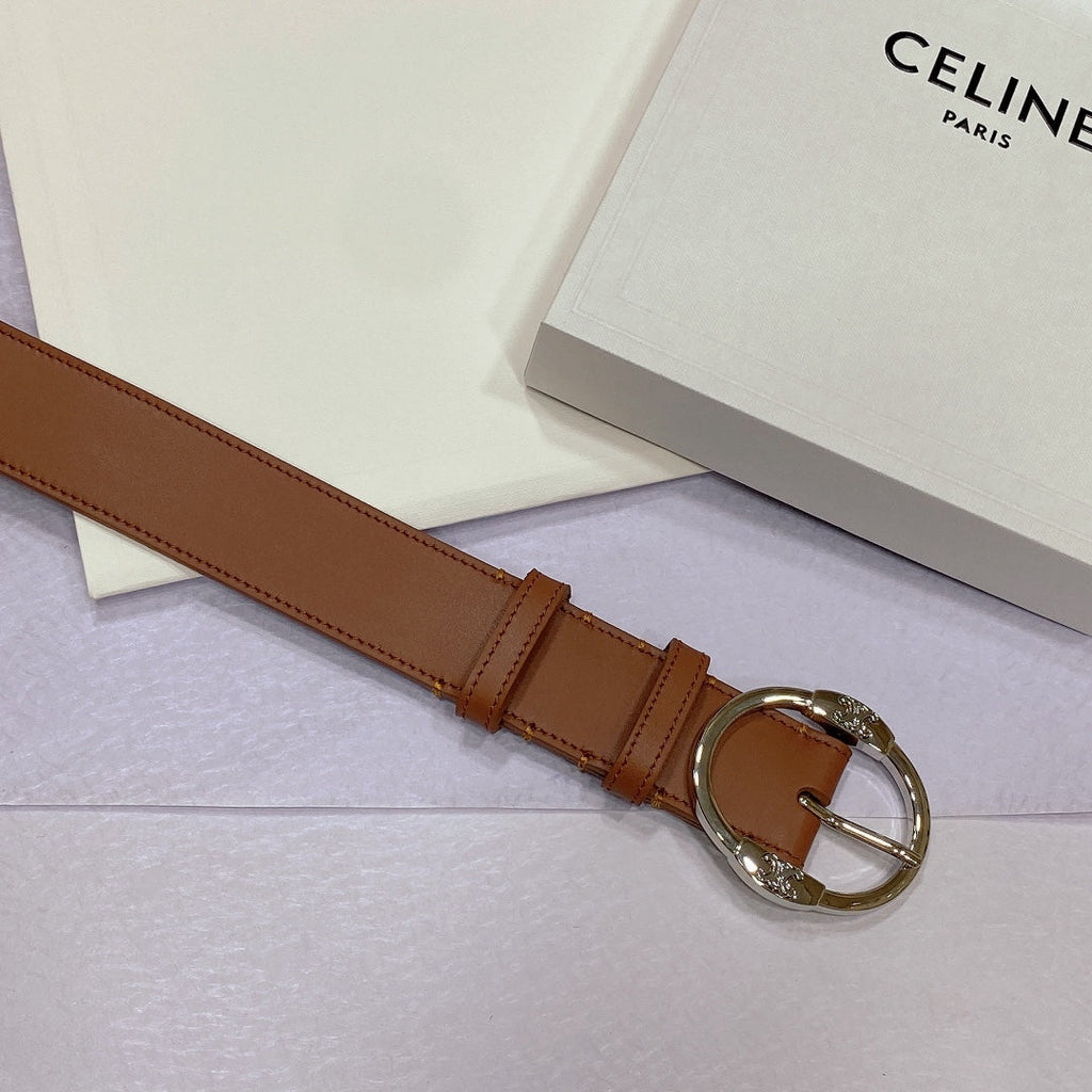CELINE CL LARGE 35MM TWIN TRIOMPHE BELT IN BRONZE BROWN CALFSKIN SILVER HARDWARE