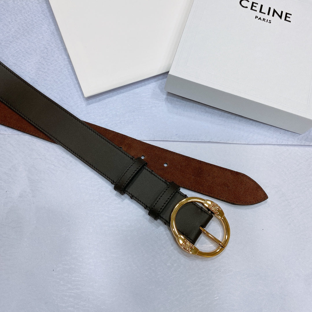 CELINE CL LARGE 35MM TWIN TRIOMPHE BELT IN BLACK AND BROWN CALFSKIN GOLD HARDWARE