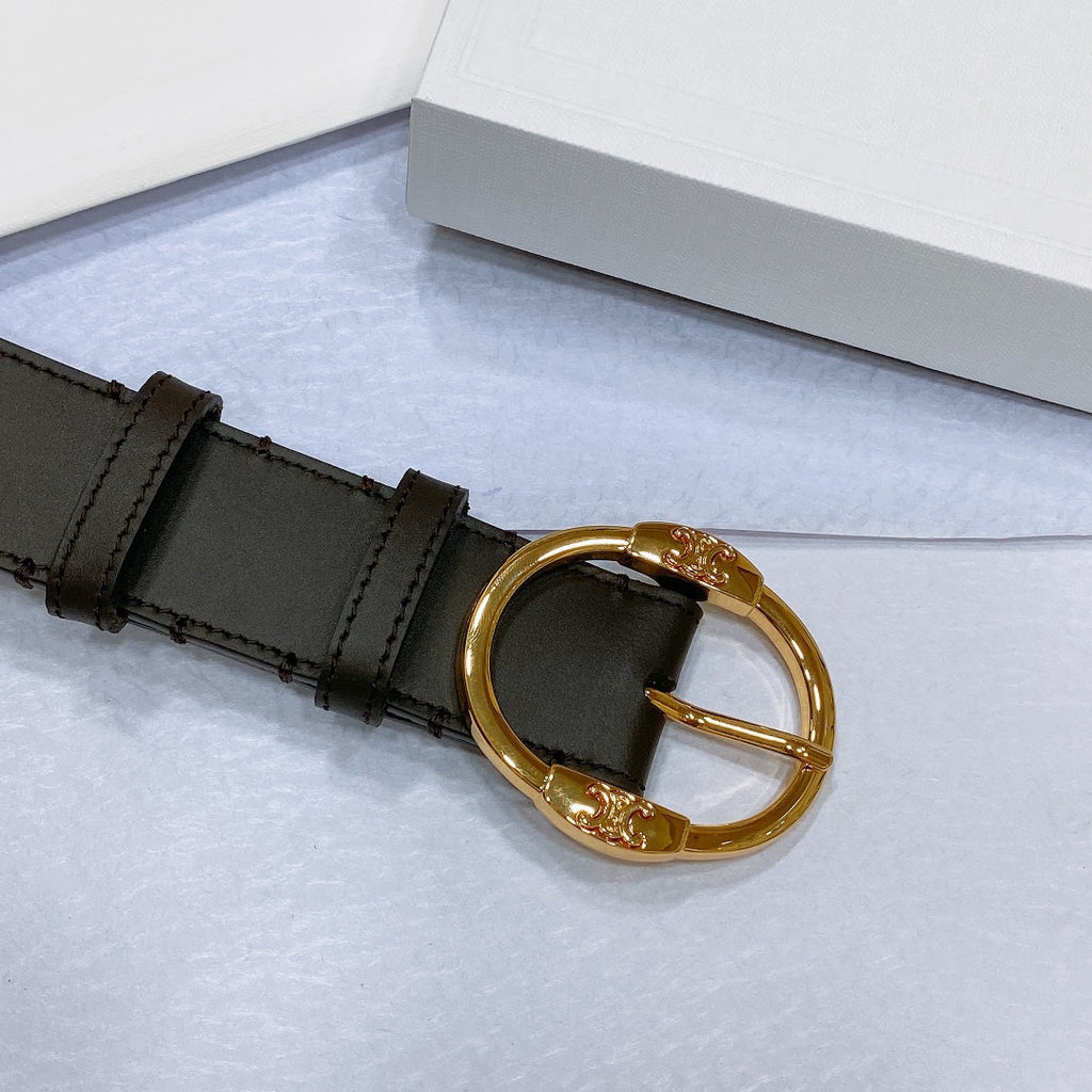 CELINE CL LARGE 35MM TWIN TRIOMPHE BELT IN BLACK AND BROWN CALFSKIN GOLD HARDWARE