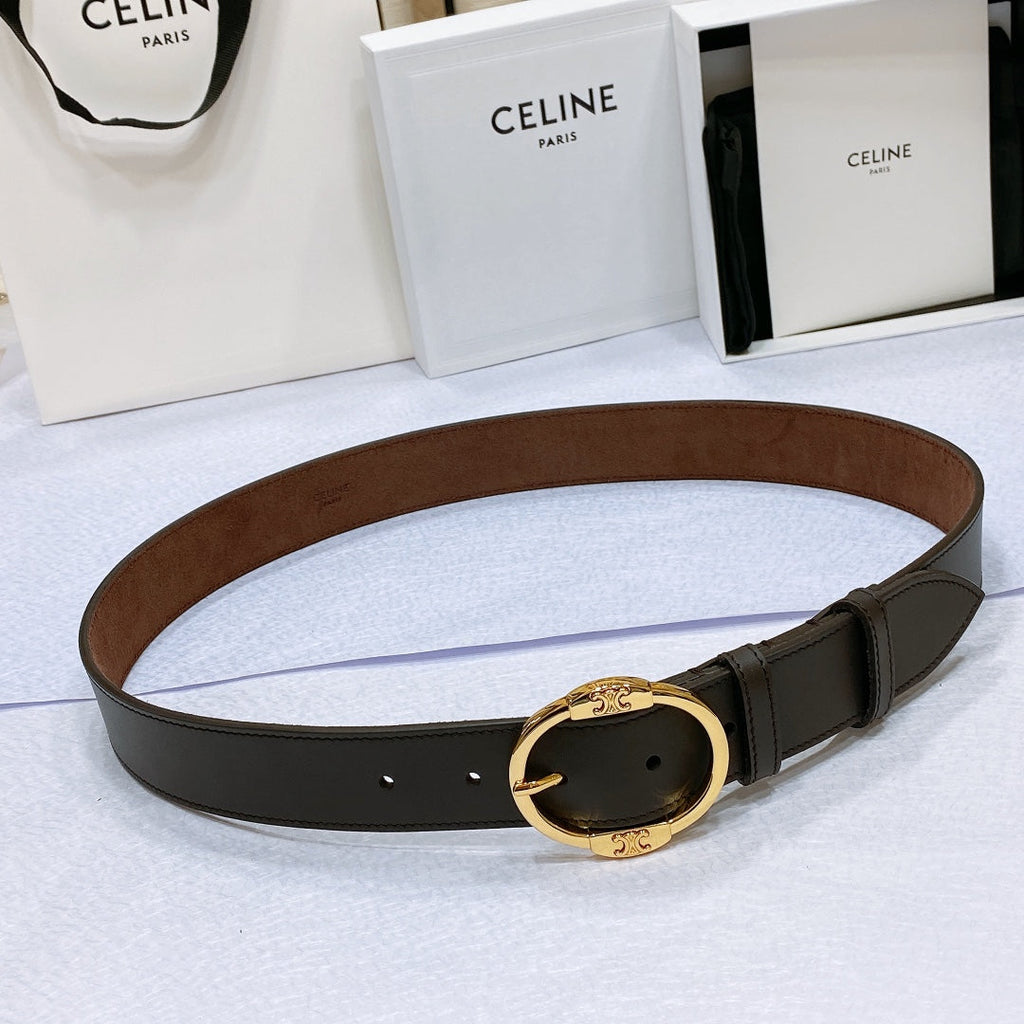CELINE CL LARGE 35MM TWIN TRIOMPHE BELT IN BLACK AND BROWN CALFSKIN GOLD HARDWARE