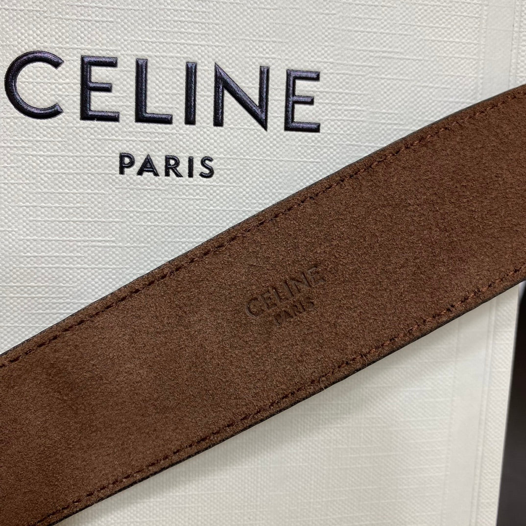 CELINE CL LARGE 35MM TWIN TRIOMPHE BELT IN BLACK AND BROWN CALFSKIN GOLD HARDWARE