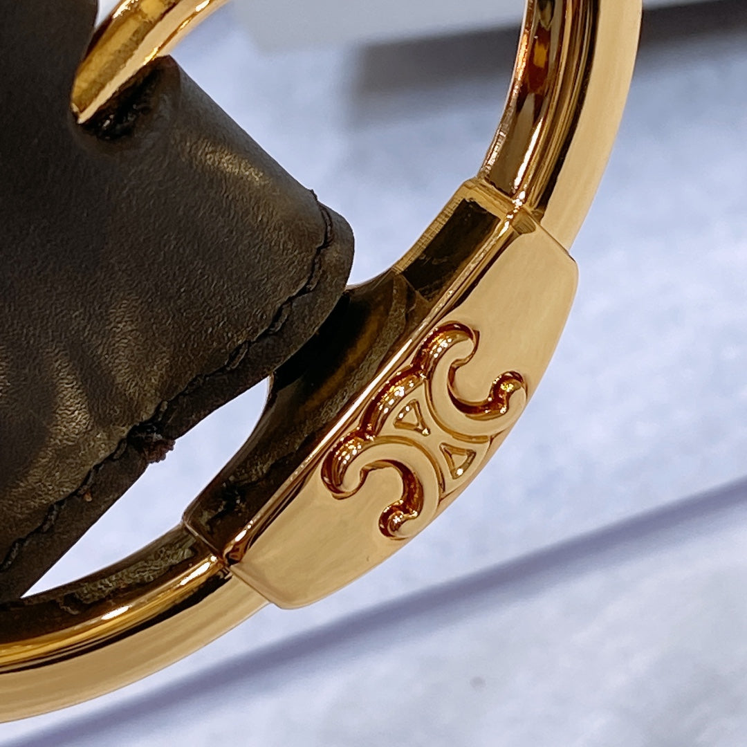 CELINE CL LARGE 35MM TWIN TRIOMPHE BELT IN BLACK AND BROWN CALFSKIN GOLD HARDWARE
