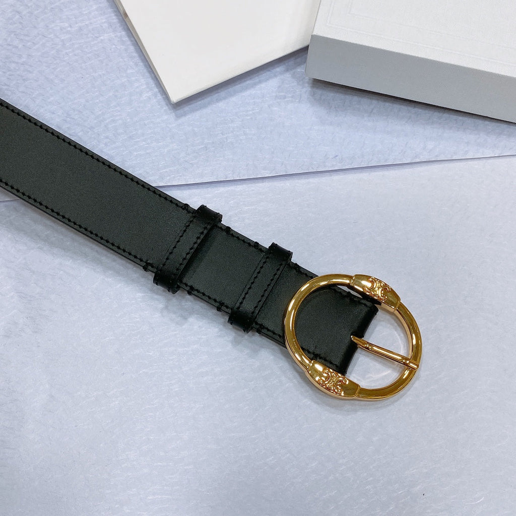 CELINE CL LARGE 35MM TWIN TRIOMPHE BELT IN BLACK CALFSKIN GOLD HARDWARE