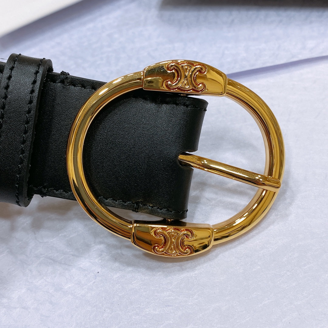 CELINE CL LARGE 35MM TWIN TRIOMPHE BELT IN BLACK CALFSKIN GOLD HARDWARE