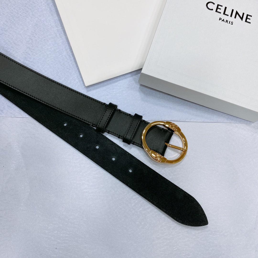 CELINE CL LARGE 35MM TWIN TRIOMPHE BELT IN BLACK CALFSKIN GOLD HARDWARE