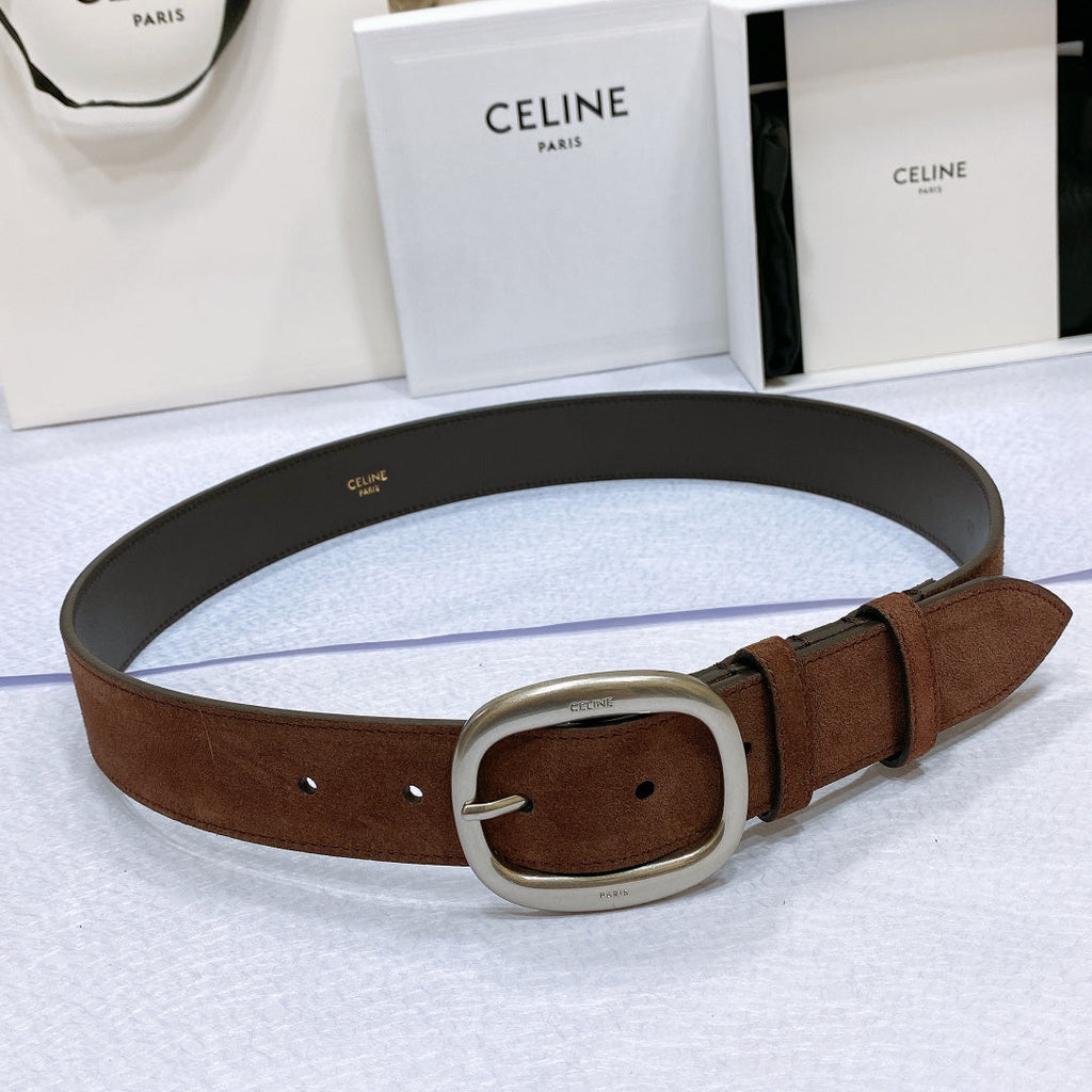 CELINE CL LARGE 35 MM BELT IN CHOCOLATE BROWN SUEDE LIGHT GOLD HARDWARE