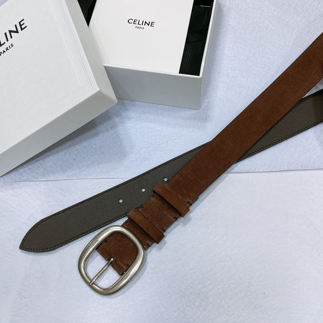 CELINE CL LARGE 35 MM BELT IN CHOCOLATE BROWN SUEDE LIGHT GOLD HARDWARE