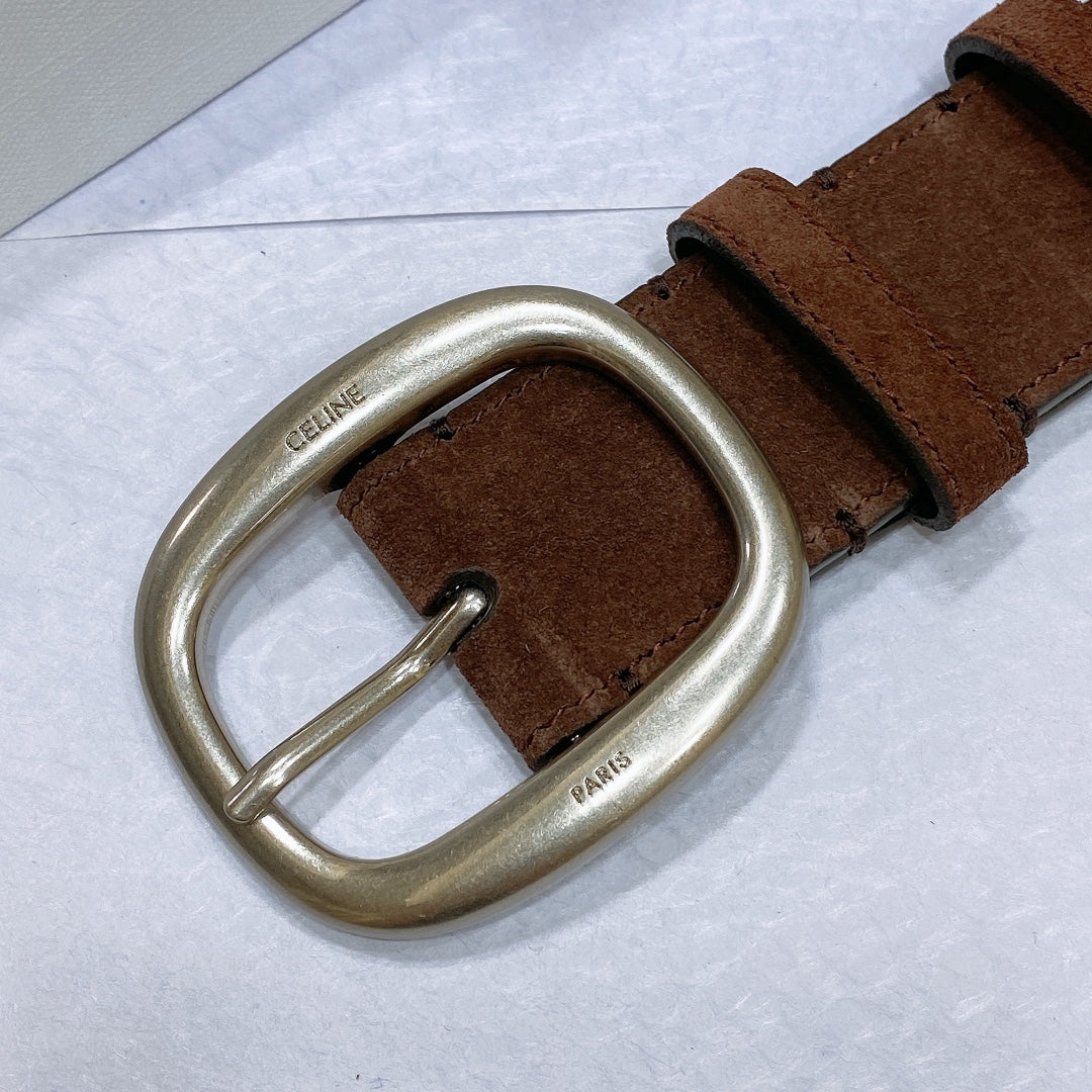 CELINE CL LARGE 35 MM BELT IN CHOCOLATE BROWN SUEDE LIGHT GOLD HARDWARE