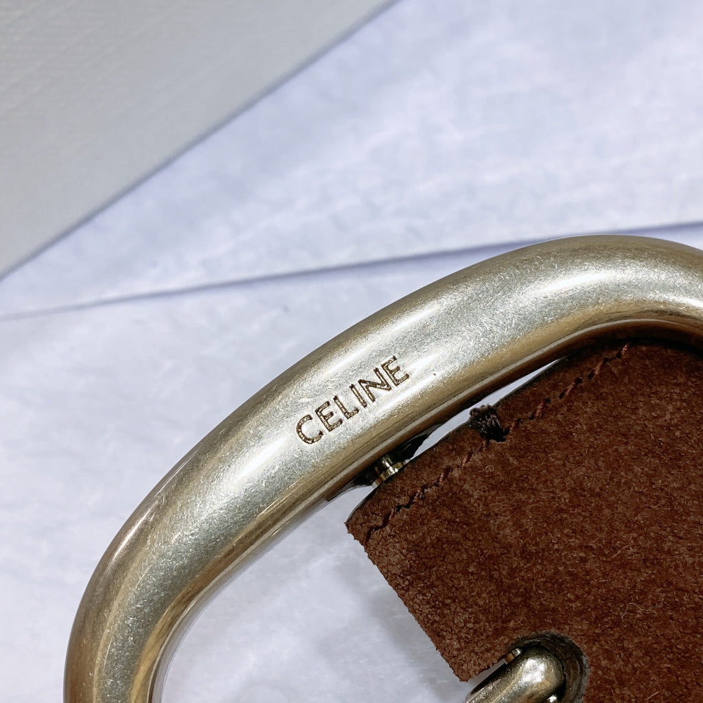 CELINE CL LARGE 35 MM BELT IN CHOCOLATE BROWN SUEDE LIGHT GOLD HARDWARE