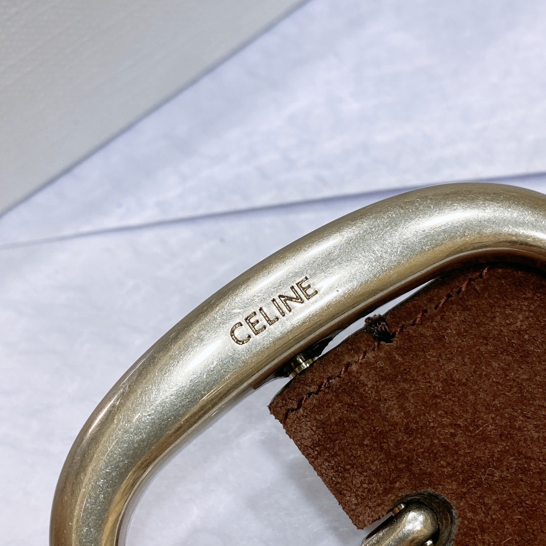 CELINE CL LARGE 35 MM BELT IN CHOCOLATE BROWN SUEDE LIGHT GOLD HARDWARE