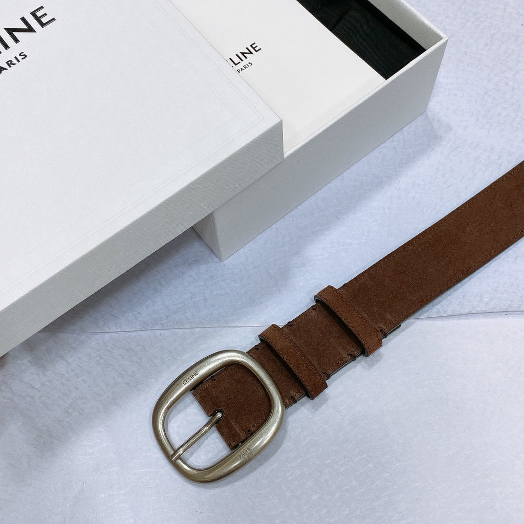 CELINE CL LARGE 35 MM BELT IN CHOCOLATE BROWN SUEDE LIGHT GOLD HARDWARE