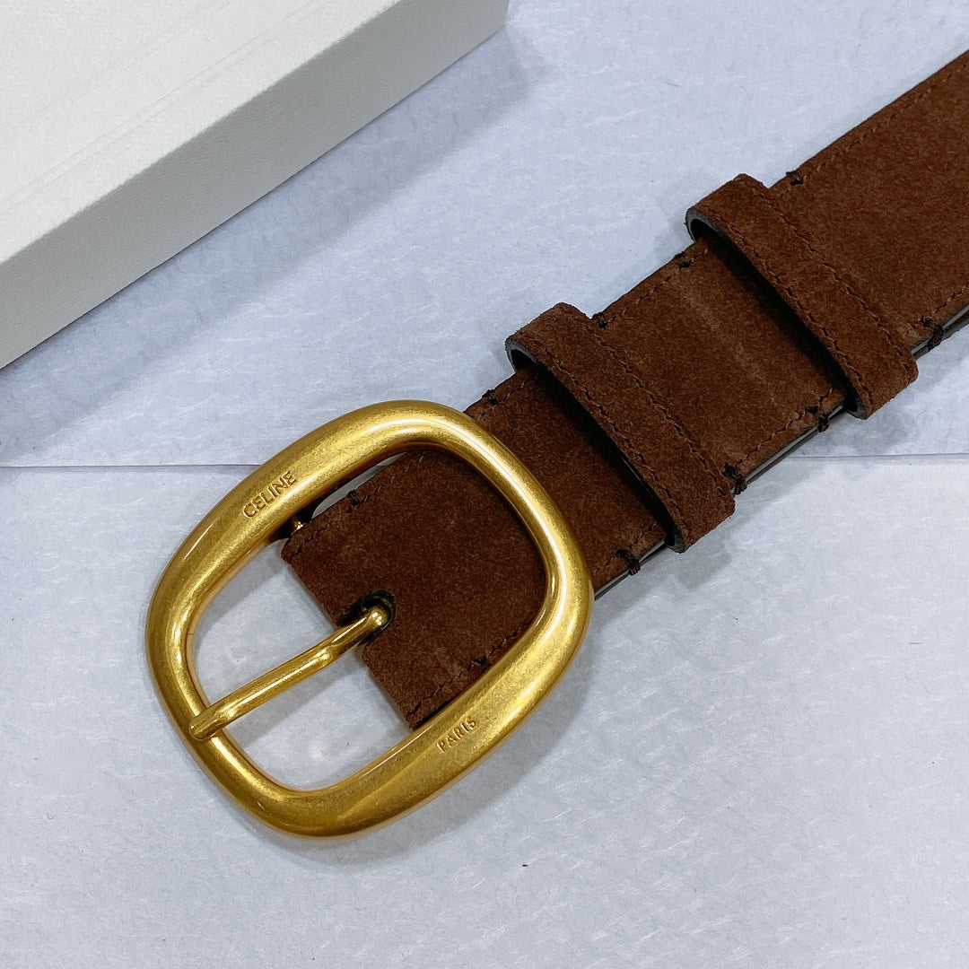 CELINE CL LARGE 35 MM BELT IN CHOCOLATE BROWN SUEDE GOLD HARDWARE