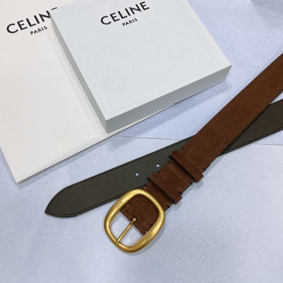 CELINE CL LARGE 35 MM BELT IN CHOCOLATE BROWN SUEDE GOLD HARDWARE