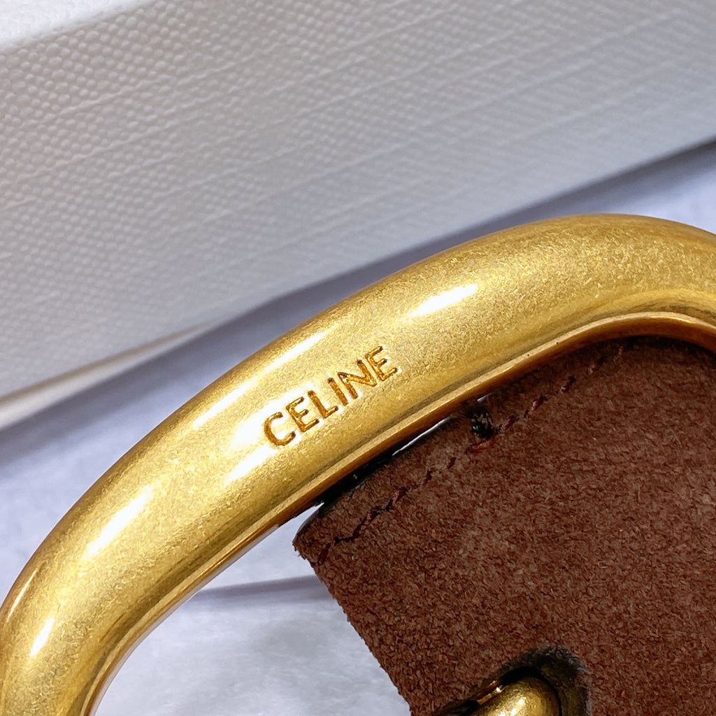 CELINE CL LARGE 35 MM BELT IN CHOCOLATE BROWN SUEDE GOLD HARDWARE