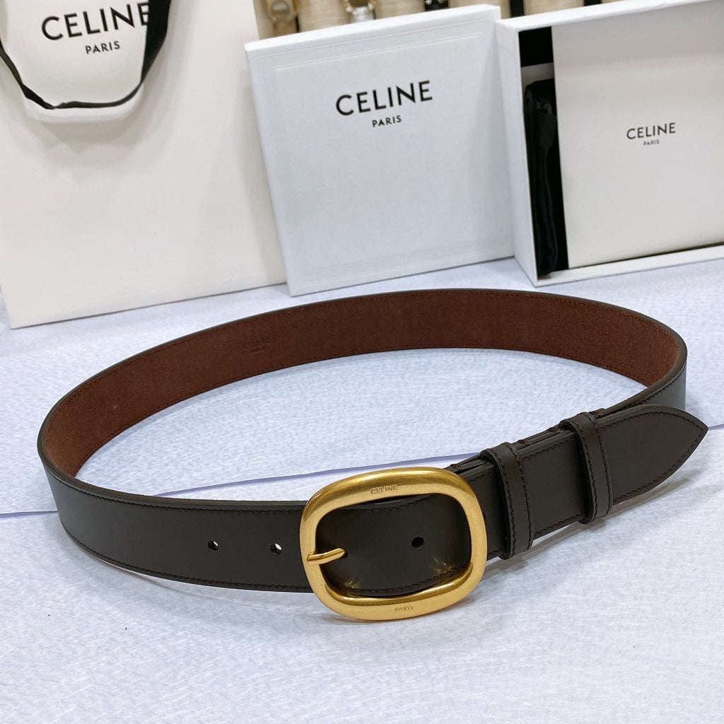 CELINE CL LARGE 35 MM BELT IN BLACK AND BROWN CALFSKIN GOLD HARDWARE