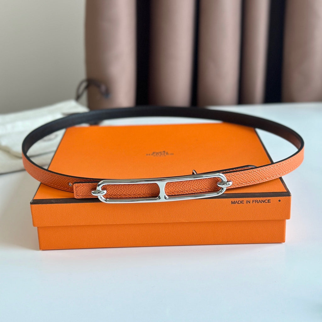 HERMES ROULIS BUCKLE & REVERSIBLE ORANGE AND BLACK LEATHER STRAP 13MM SILVER HARDWARE