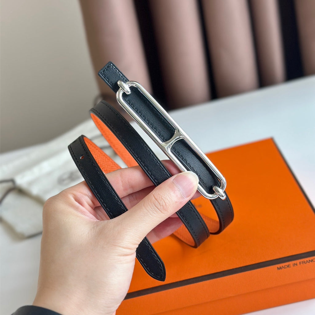 HERMES ROULIS BUCKLE & REVERSIBLE ORANGE AND BLACK LEATHER STRAP 13MM SILVER HARDWARE