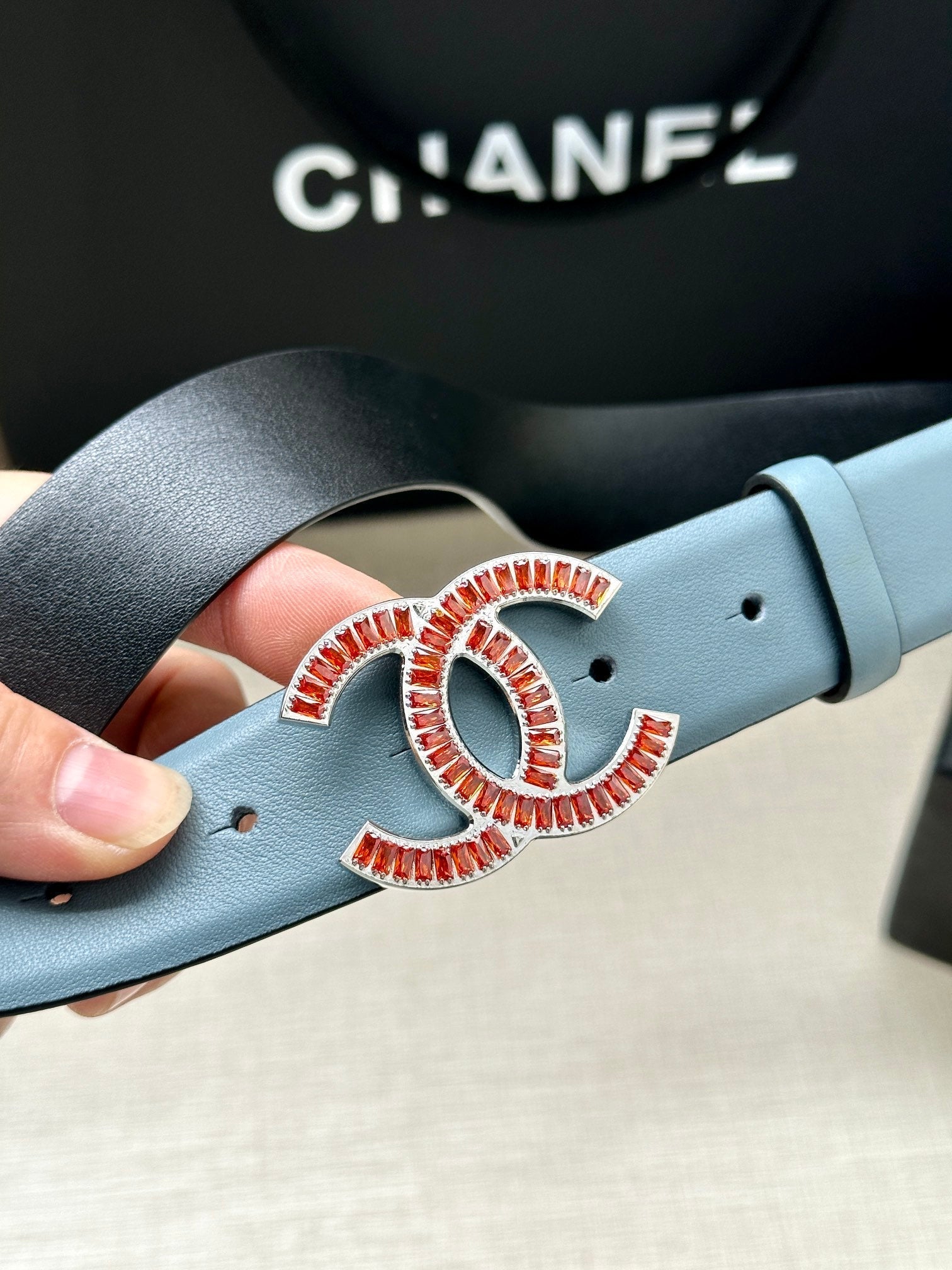 CHANEL 25S BELT 30 MM IN LIGHT STEEL BLUE CALFSKIN 616966