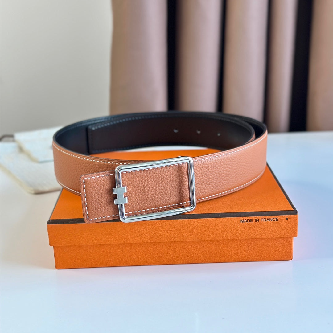 HERMES TUBE H BELT BUCKLE & REVERSIBLE BLACK AND YAM ORANGE LEATHER STRAP 38MM SILVER HARDWARE