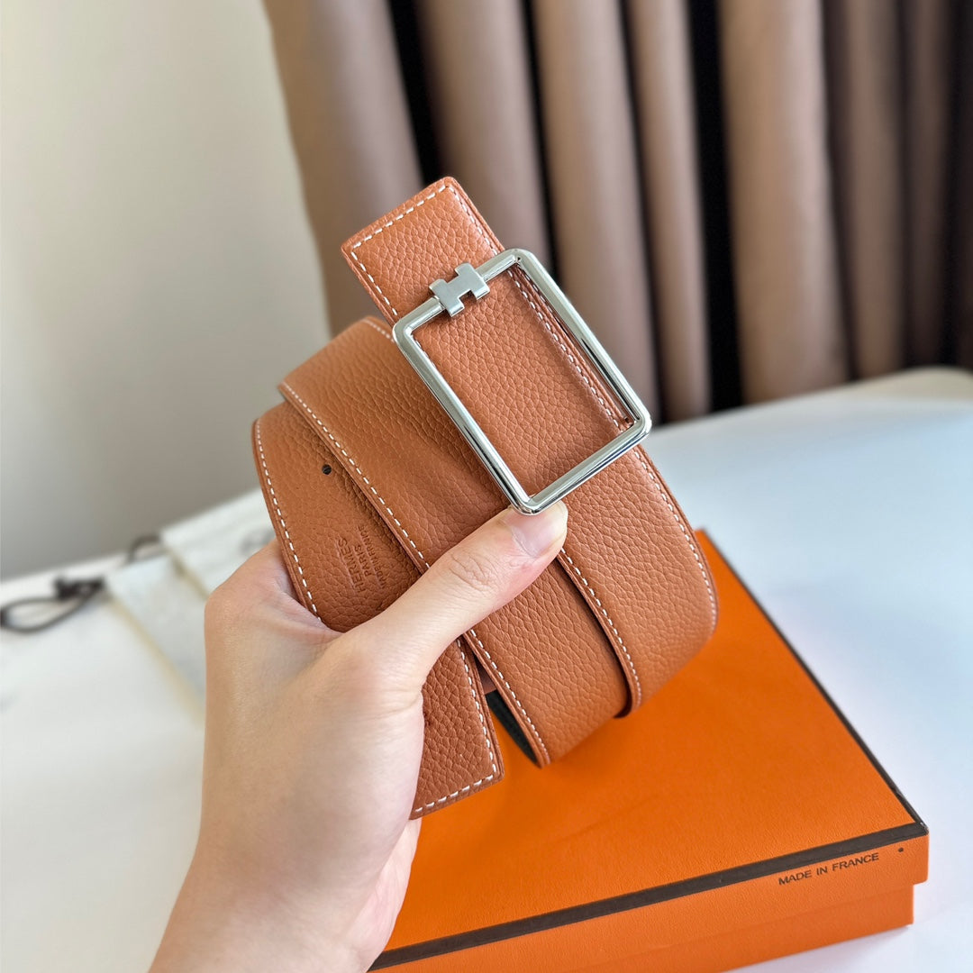 HERMES TUBE H BELT BUCKLE & REVERSIBLE BLACK AND YAM ORANGE LEATHER STRAP 38MM SILVER HARDWARE