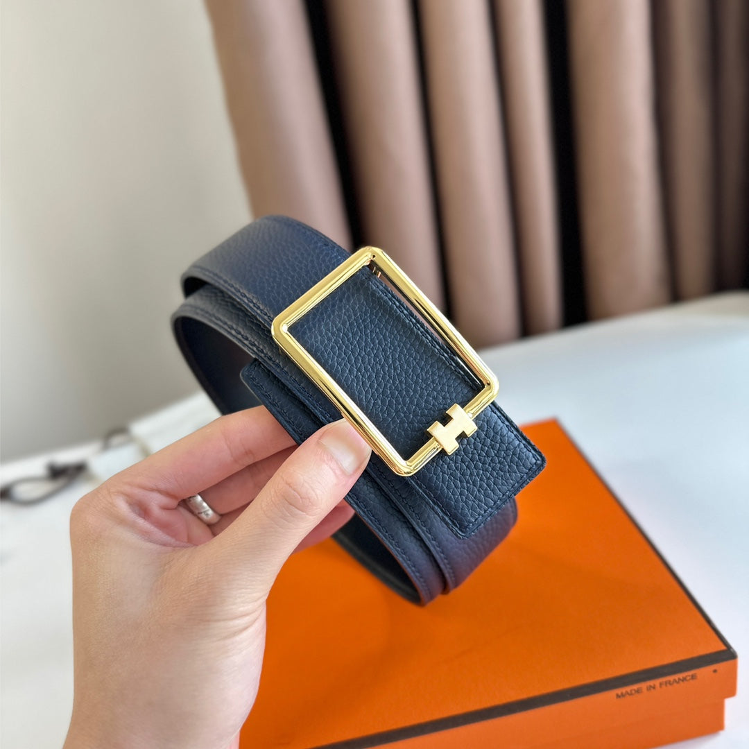 HERMES TUBE H BELT BUCKLE & REVERSIBLE BLACK AND AEGEAN BLUE LEATHER STRAP 38MM GOLD HARDWARE