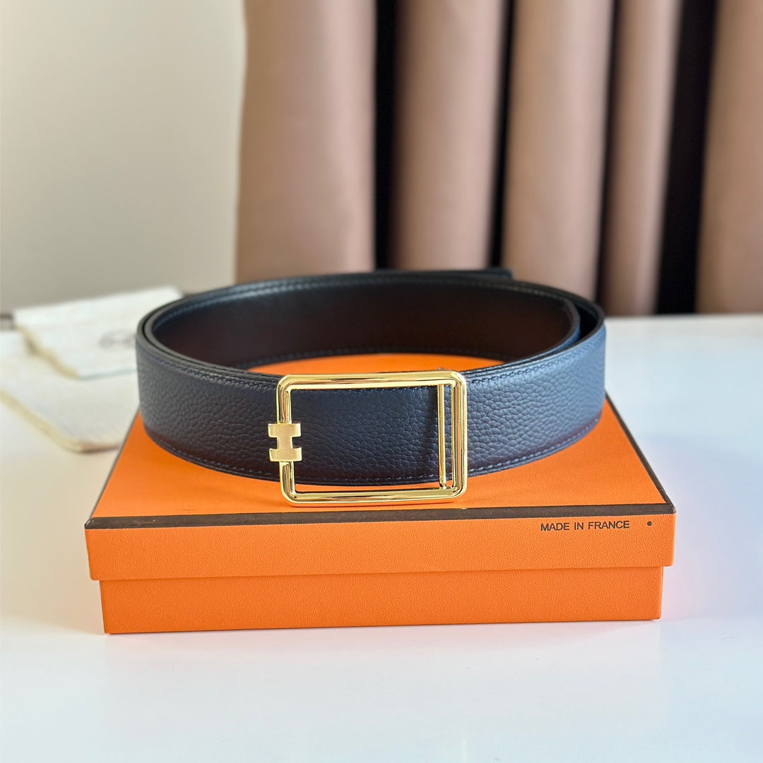 HERMES TUBE H BELT BUCKLE & REVERSIBLE BLACK AND AEGEAN BLUE LEATHER STRAP 38MM GOLD HARDWARE