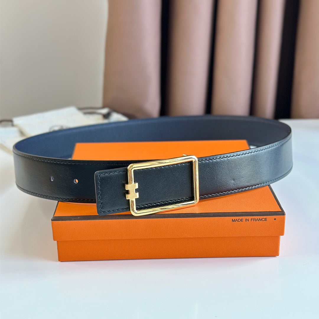 HERMES TUBE H BELT BUCKLE & REVERSIBLE BLACK AND AEGEAN BLUE LEATHER STRAP 38MM GOLD HARDWARE