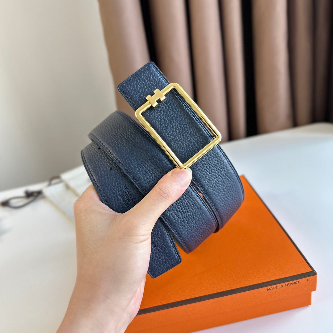 HERMES TUBE H BELT BUCKLE & REVERSIBLE BLACK AND AEGEAN BLUE LEATHER STRAP 38MM GOLD HARDWARE
