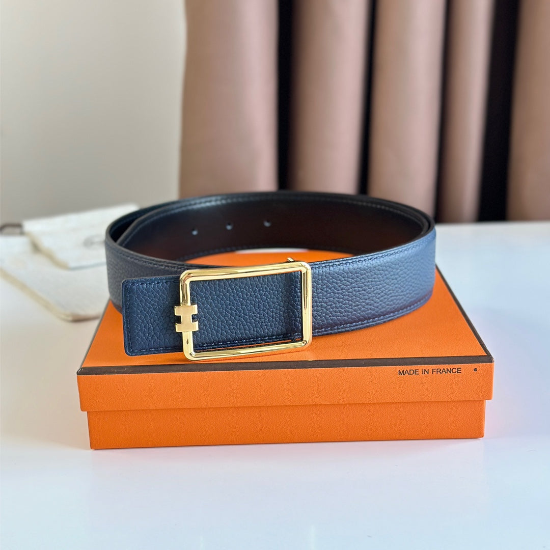 HERMES TUBE H BELT BUCKLE & REVERSIBLE BLACK AND AEGEAN BLUE LEATHER STRAP 38MM GOLD HARDWARE