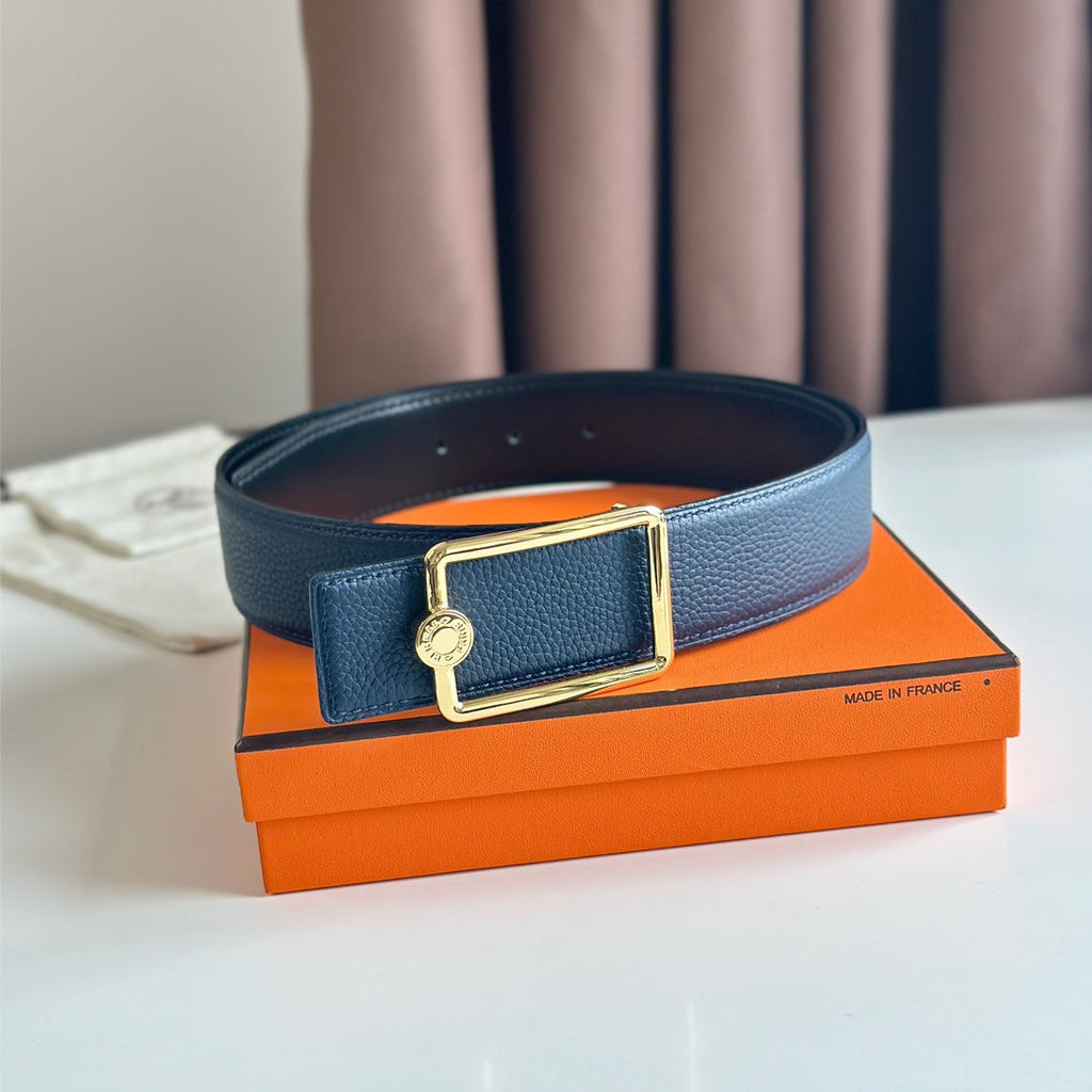 HERMES OSCAR BELT BUCKLE & REVERSIBLE BLACK AND AEGEAN BLUE LEATHER STRAP 38MM GOLD HARDWARE
