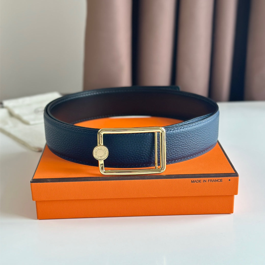 HERMES OSCAR BELT BUCKLE & REVERSIBLE BLACK AND AEGEAN BLUE LEATHER STRAP 38MM GOLD HARDWARE