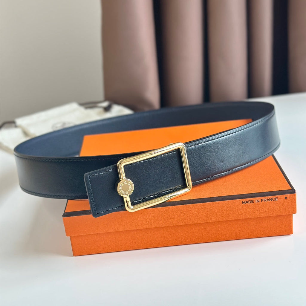 HERMES OSCAR BELT BUCKLE & REVERSIBLE BLACK AND AEGEAN BLUE LEATHER STRAP 38MM GOLD HARDWARE
