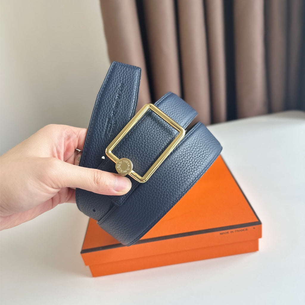 HERMES OSCAR BELT BUCKLE & REVERSIBLE BLACK AND AEGEAN BLUE LEATHER STRAP 38MM GOLD HARDWARE