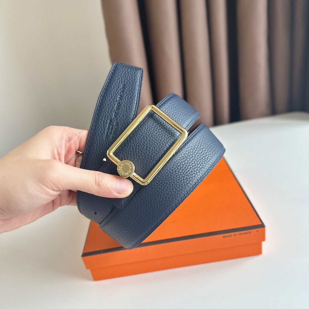 HERMES OSCAR BELT BUCKLE & REVERSIBLE BLACK AND AEGEAN BLUE LEATHER STRAP 38MM GOLD HARDWARE