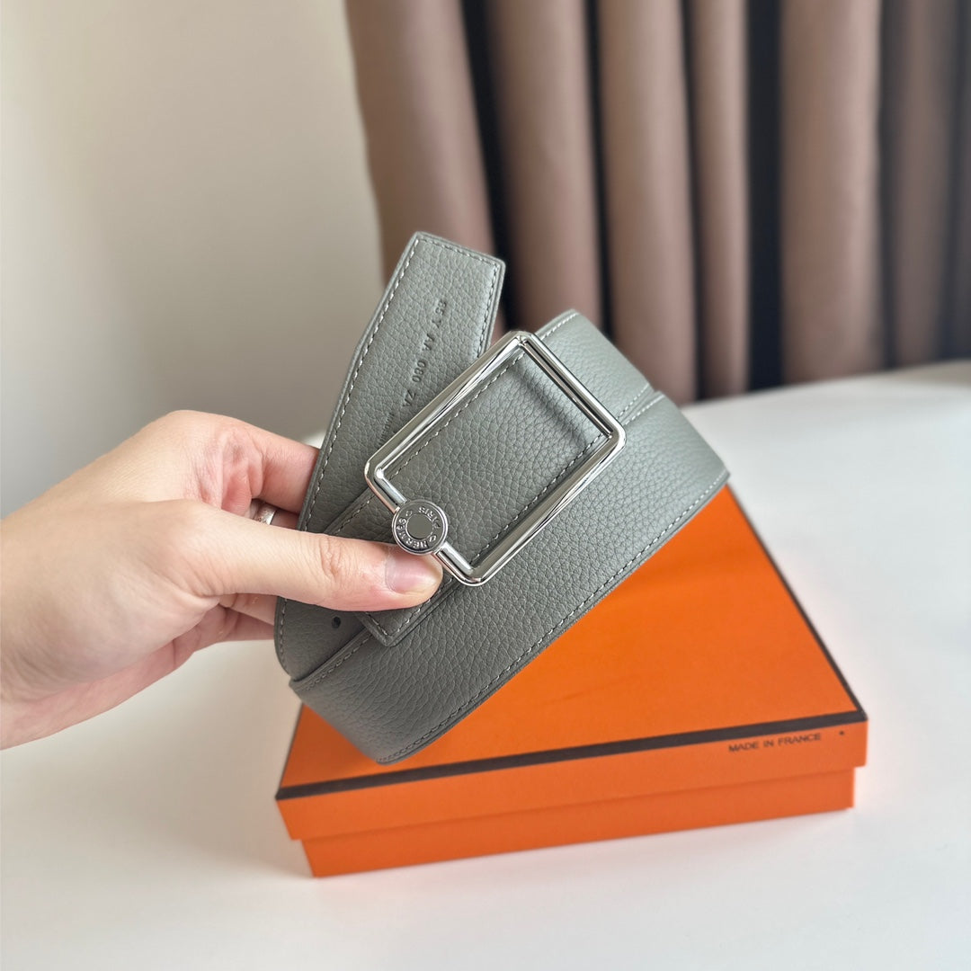 HERMES OSCAR BELT BUCKLE & REVERSIBLE BLACK AND ASH GREY LEATHER STRAP 38MM SILVER HARDWARE