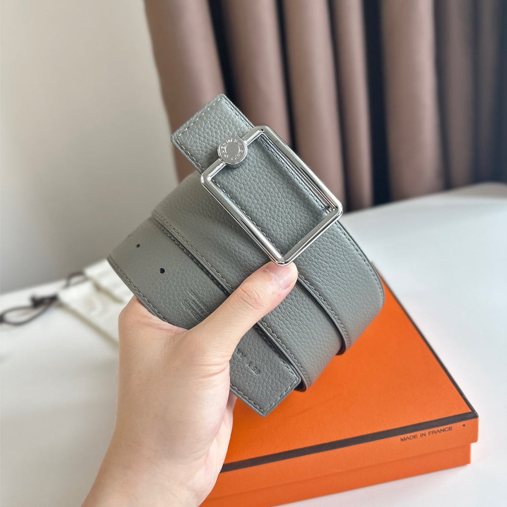 HERMES OSCAR BELT BUCKLE & REVERSIBLE BLACK AND ASH GREY LEATHER STRAP 38MM SILVER HARDWARE