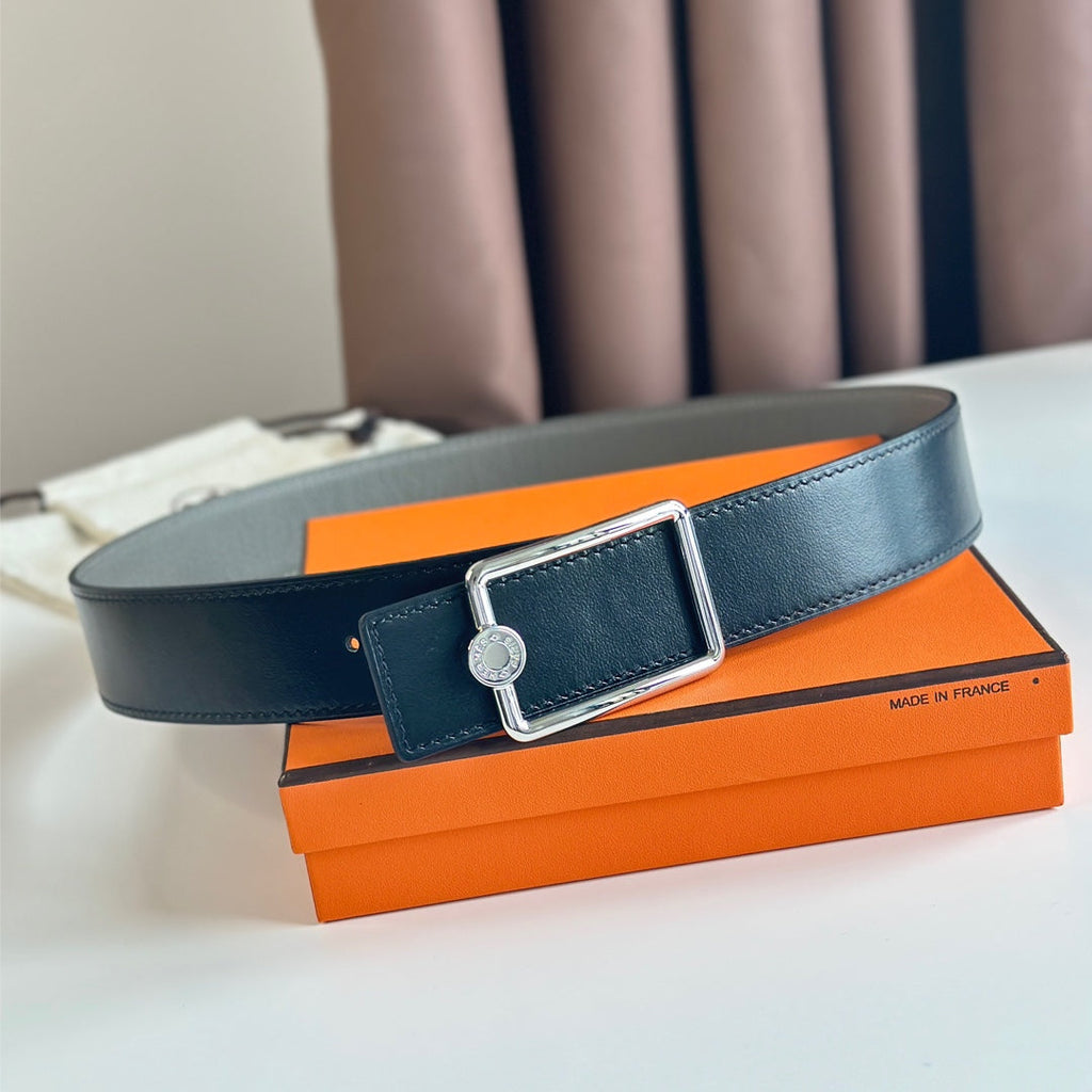 HERMES OSCAR BELT BUCKLE & REVERSIBLE BLACK AND ASH GREY LEATHER STRAP 38MM SILVER HARDWARE