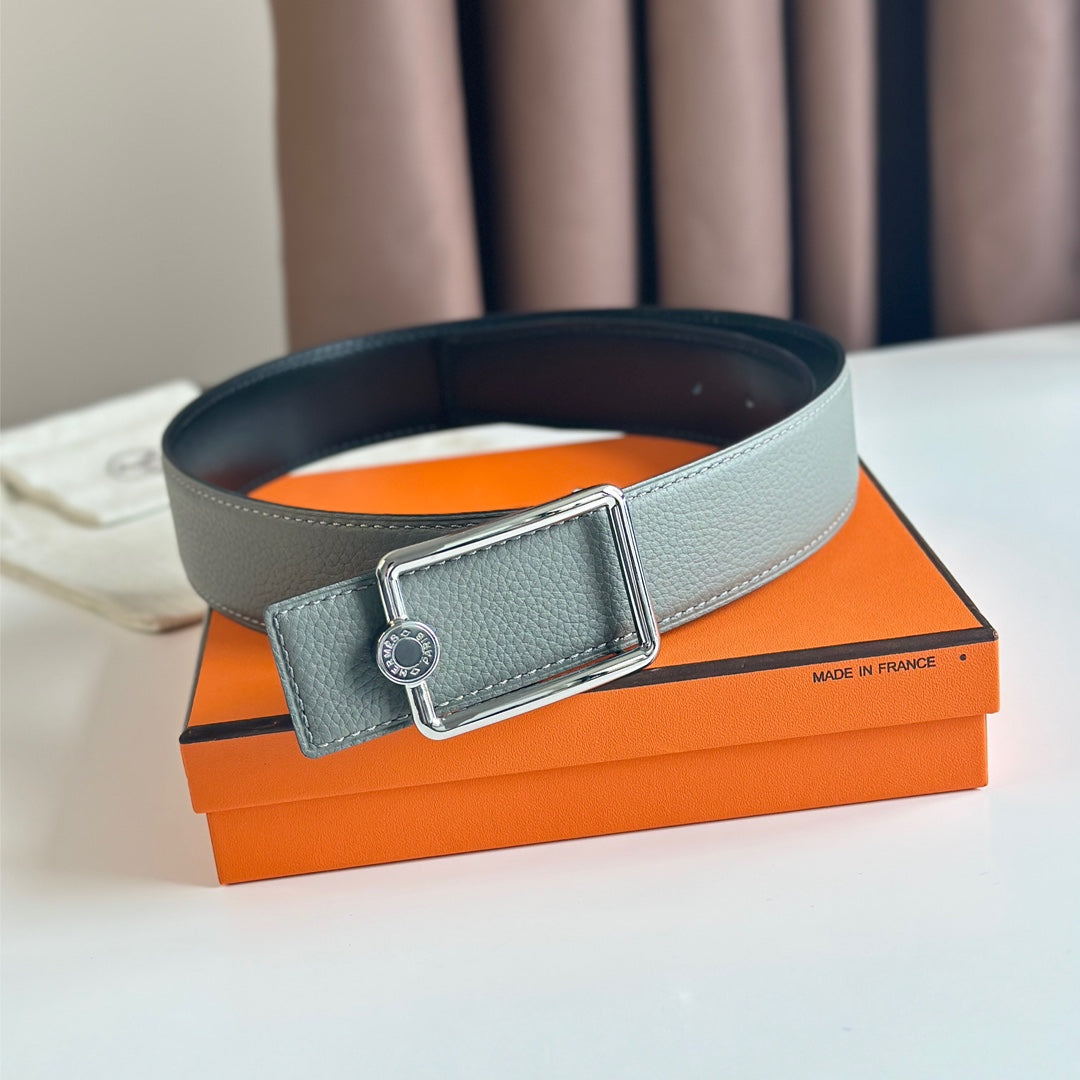 HERMES OSCAR BELT BUCKLE & REVERSIBLE BLACK AND ASH GREY LEATHER STRAP 38MM SILVER HARDWARE