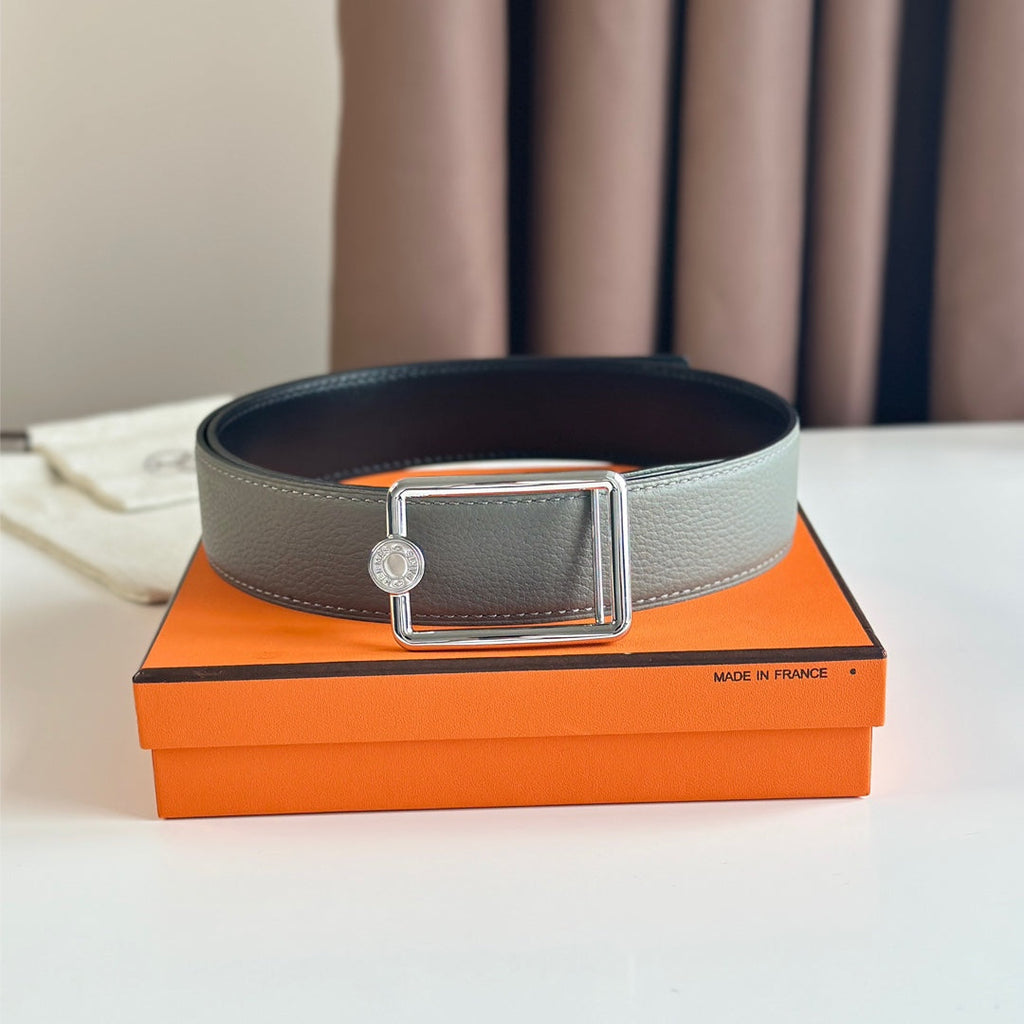 HERMES OSCAR BELT BUCKLE & REVERSIBLE BLACK AND ASH GREY LEATHER STRAP 38MM SILVER HARDWARE