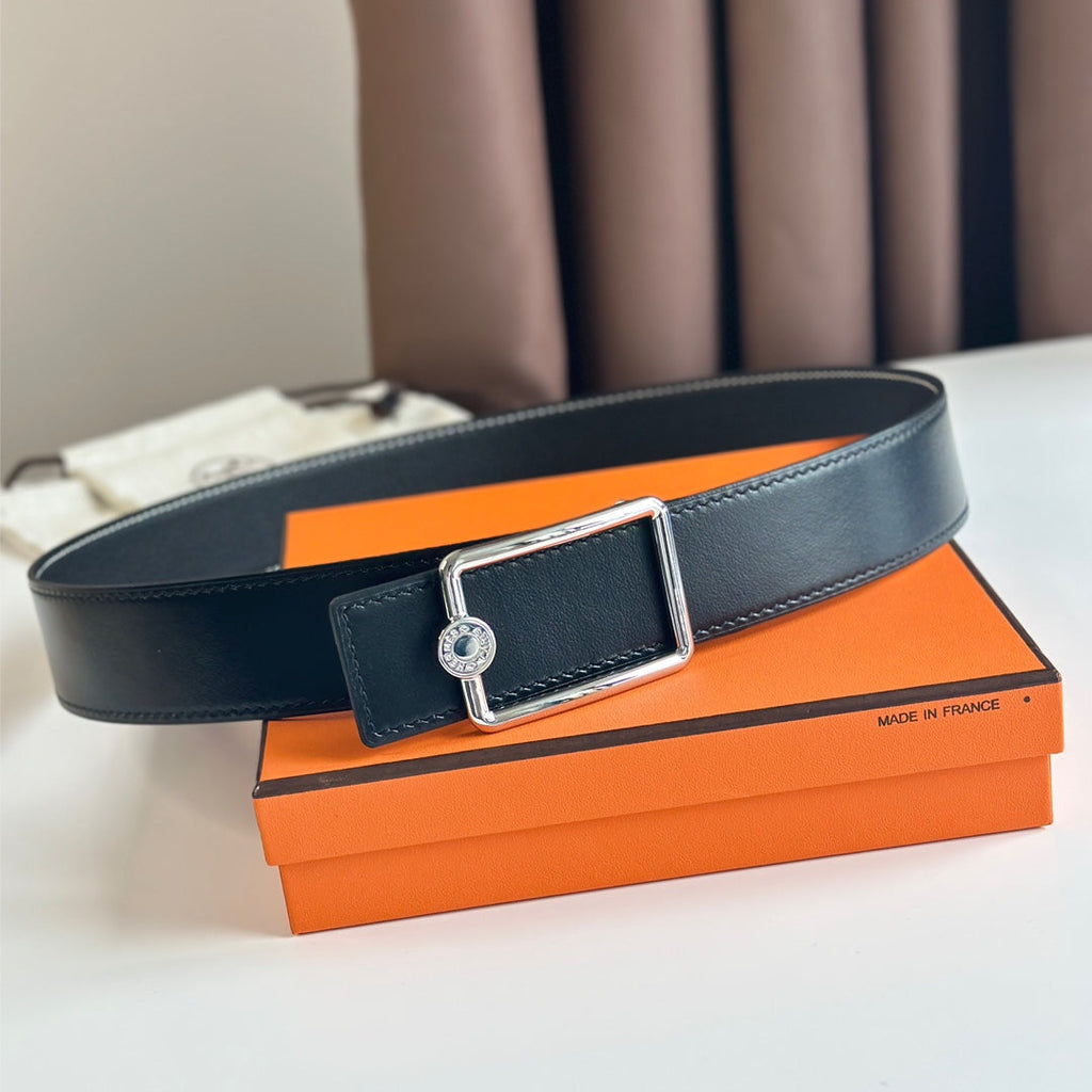 HERMES OSCAR BELT BUCKLE & REVERSIBLE BLACK LEATHER STRAP 38MM SILVER HARDWARE