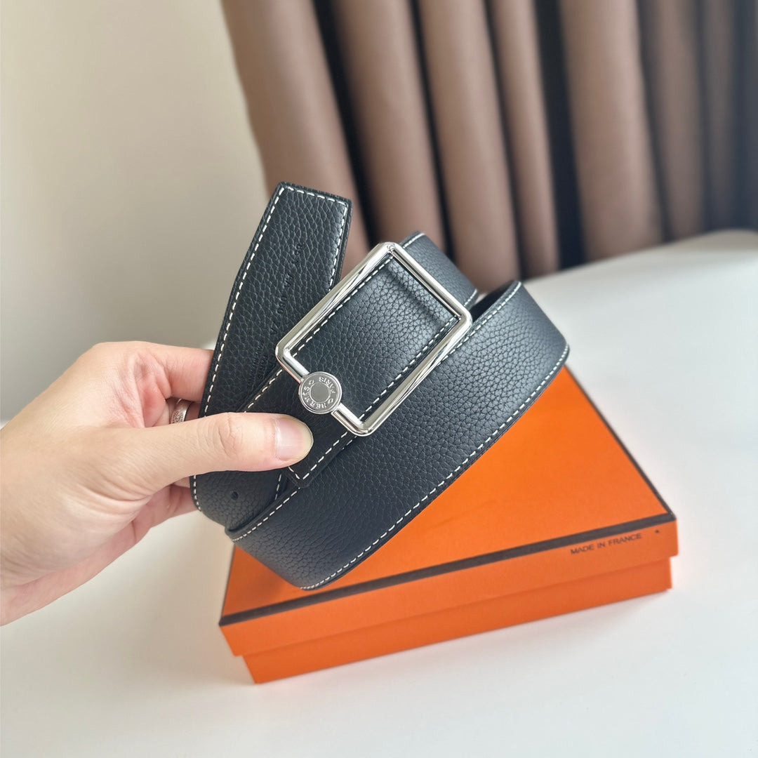 HERMES OSCAR BELT BUCKLE & REVERSIBLE BLACK LEATHER STRAP 38MM SILVER HARDWARE