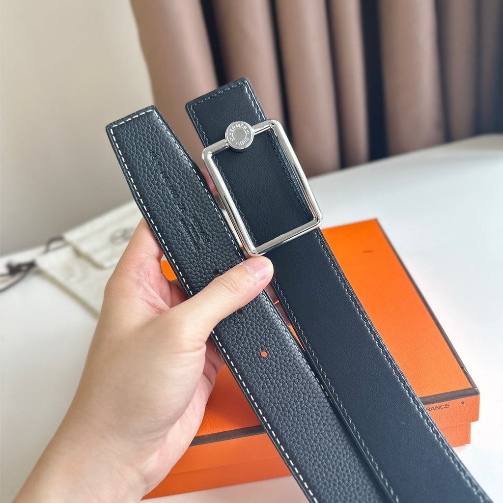 HERMES OSCAR BELT BUCKLE & REVERSIBLE BLACK LEATHER STRAP 38MM SILVER HARDWARE
